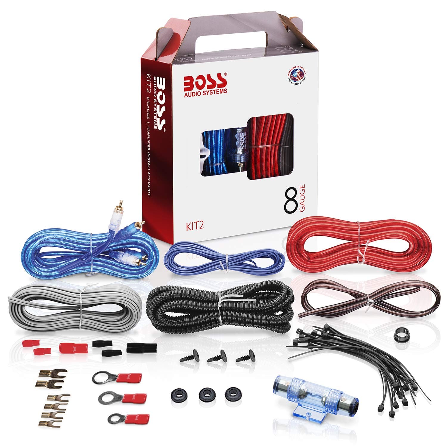 BOSS Audio Systems KIT2 8 Gauge A Car Amplifier Installation Wiring Kit - Helps You Make Connections and Brings Power To Your Radio, Subwoofers and Speakers