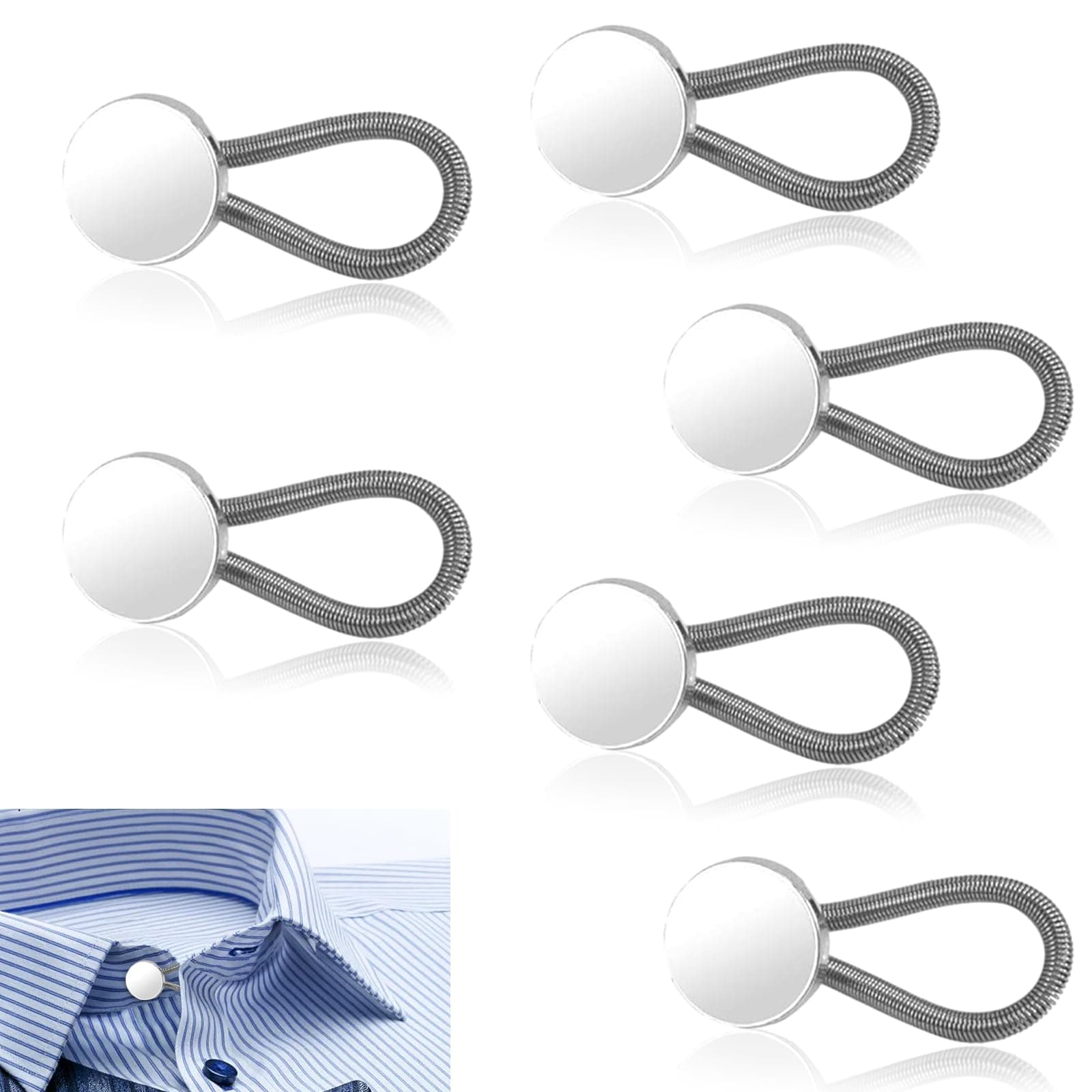 6 Pcs Elastic Extender Buttons, Extenders Metal Collar Button, Collar Extenders, Trouser Button Extender for Shirt, Cuffs, Dress, Jeans Trousers, Coat(Whtie)