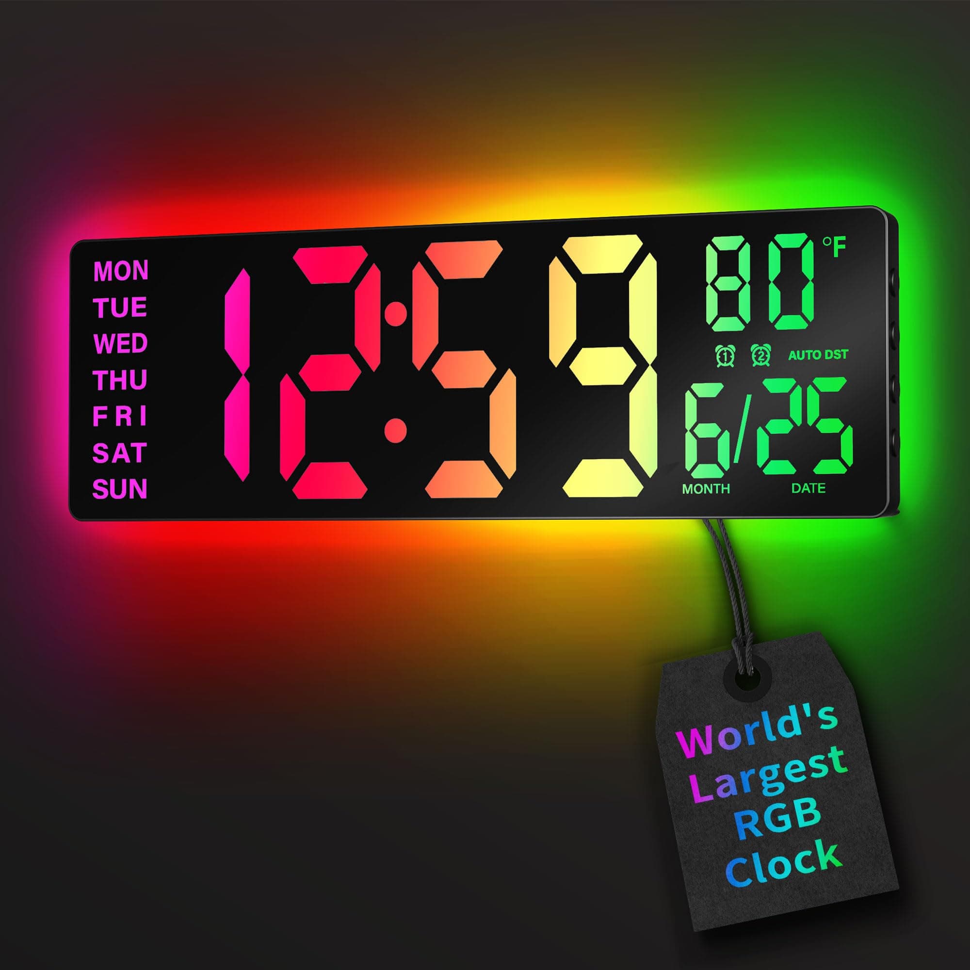 Digital Wall Clock 16.5" with Remote, 11 RGB Lights, Bluetooth Sync, Auto DST, Auto Dimmer, Dual Alarms, 12/24H, Temperature, Countdown, Night Light, Large Digital Clock, for Living Room, Gaming, gym