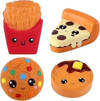 Anboor Squishies Emoji Pizza,Cookies,Chocolate Cake and French Fries Kawaii Scented Soft Slow Rising Simulation Simulation Food Squishies Stress Relief Kids Toy Gift Collection Decorative Props,4 Pcs