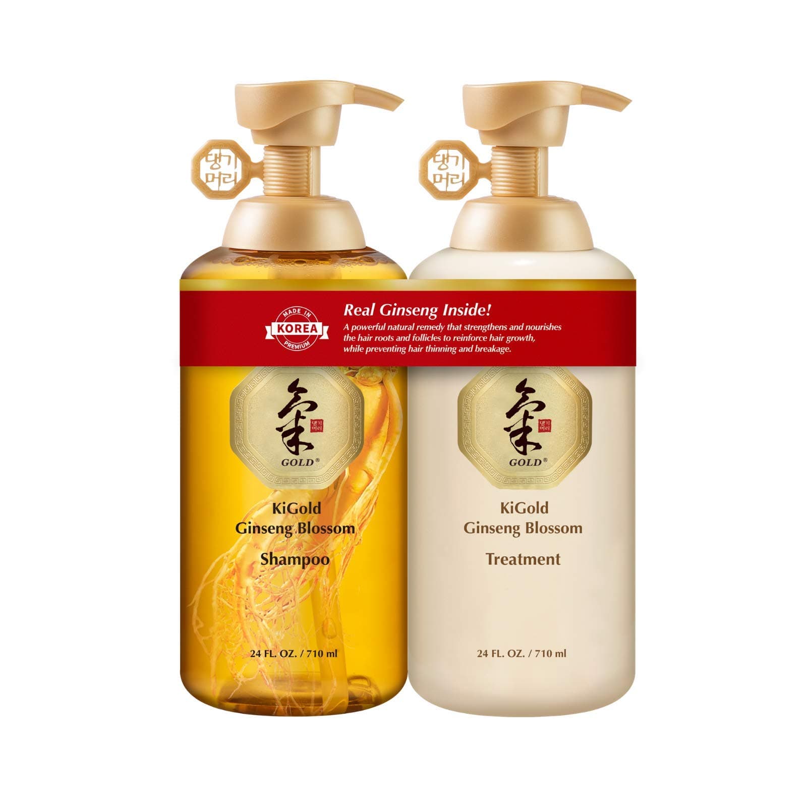 Daeng Gi Meo Ri - Ki Gold Ginseng Blossom Shampoo & Treatment Set, Real Ginseng Inside, Herbal Shampoo, Hair Growth, Preventing Hair Loss, 710ml each