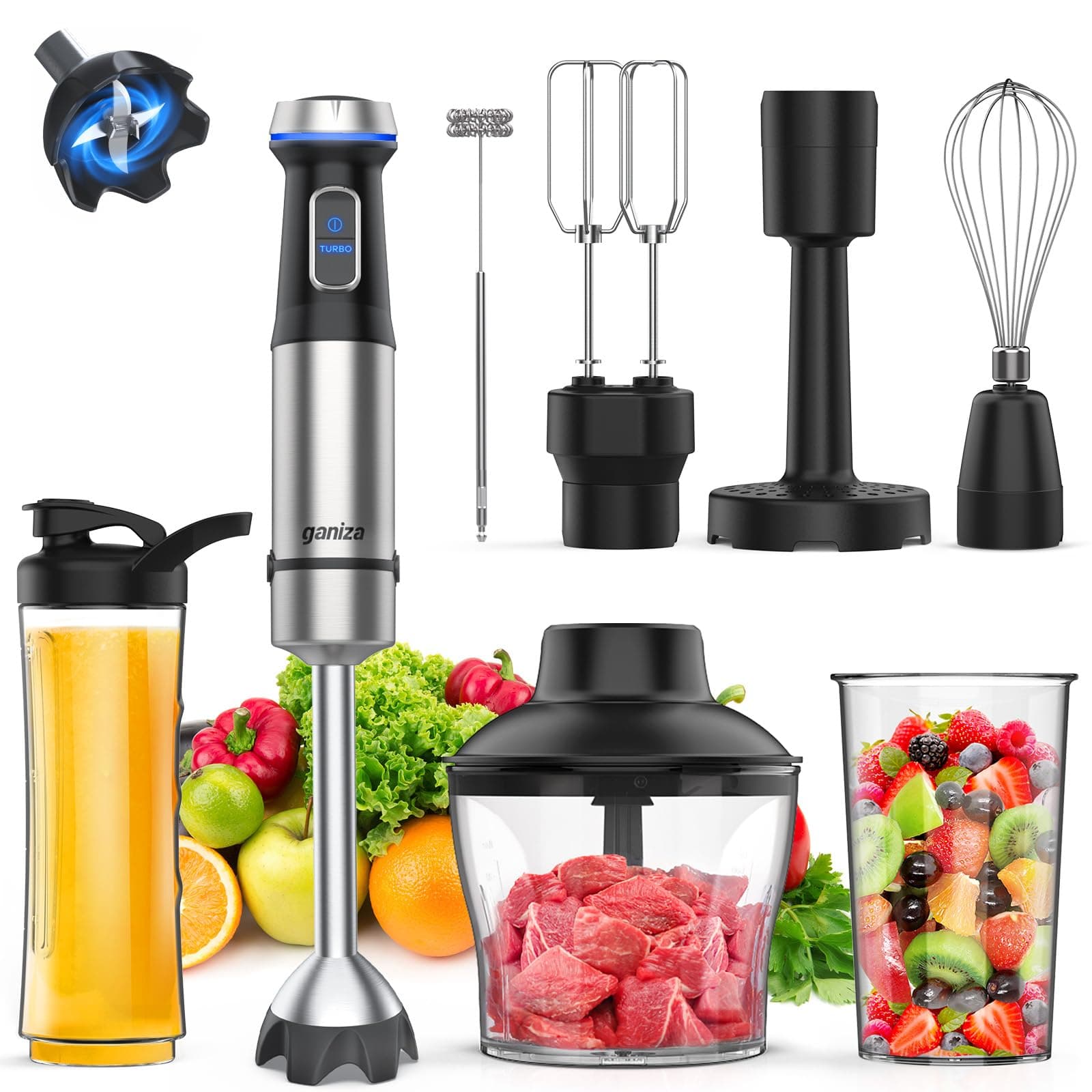 Immersion Blender Handheld Corded 8 in 1 Hand Blender Max 1000W 16 Speed Mode Stick Emulsifier with 800ml Mixing Beaker, 600ml Chopper, Whisk, Frother, Potato Masher and Portable Bottle