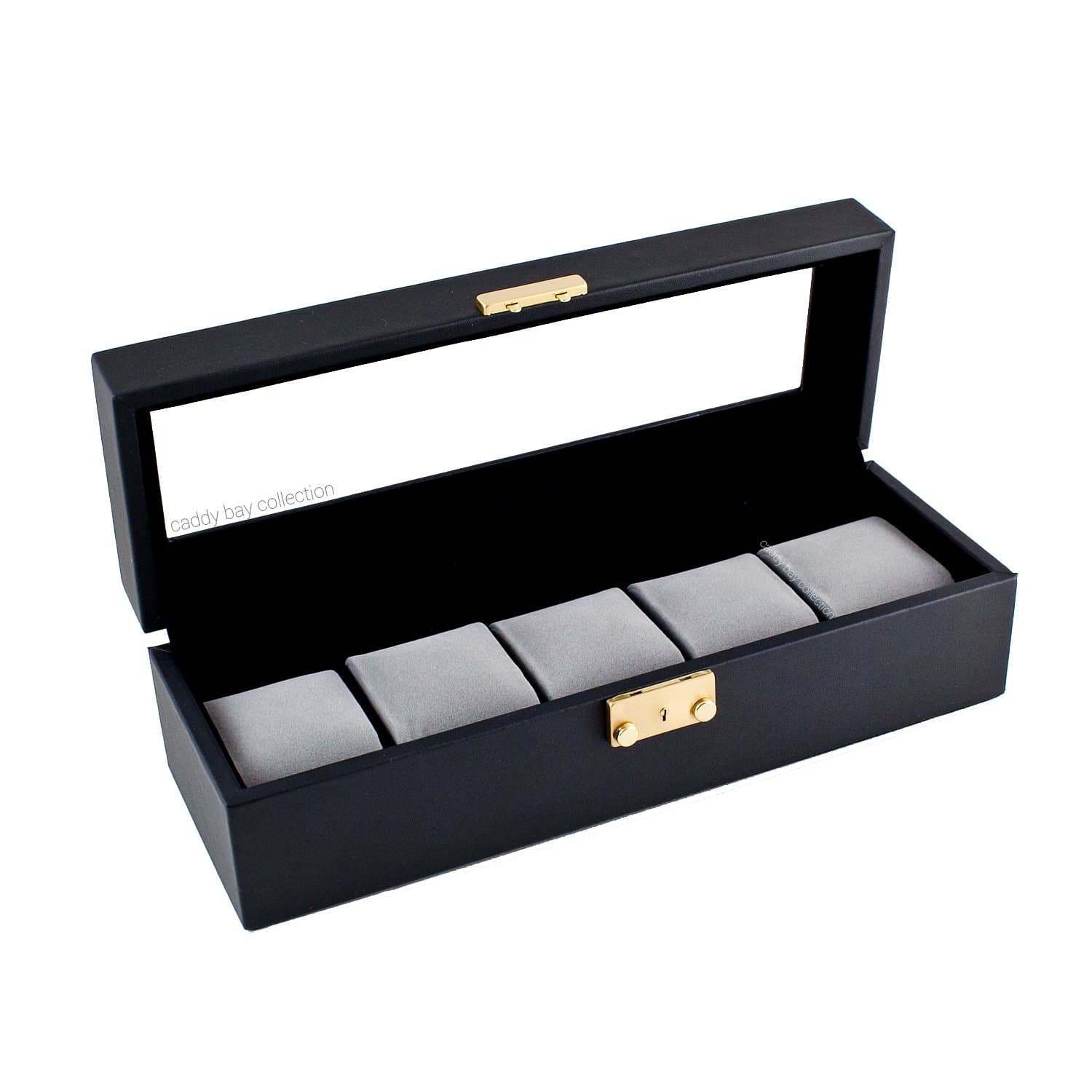 Compact Black Watch Case Storage Box With Glass Top Holds 5 Watches