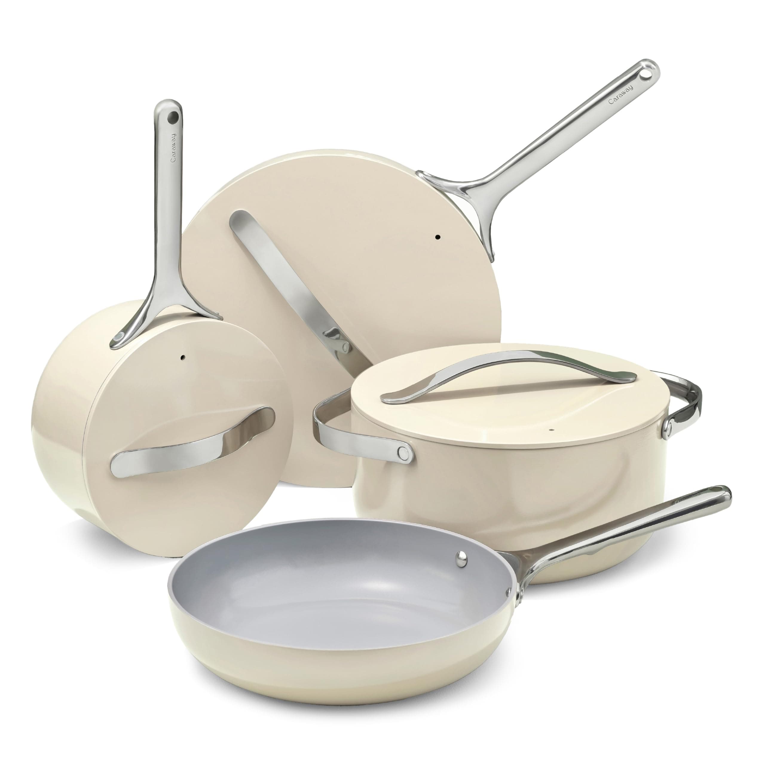 Non-stick Ceramic Cookware Set (12 Piece) Pots, Pans, Lids and Kitchen Storage - PFAS & PFOA Free - Oven Safe Pan Set & Compatible with All Stovetops - Cream