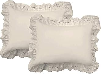 Ruffled Bed Pillow Shams with Embroidered Eyelet Detail, Standard, Ivory, 2-Pack