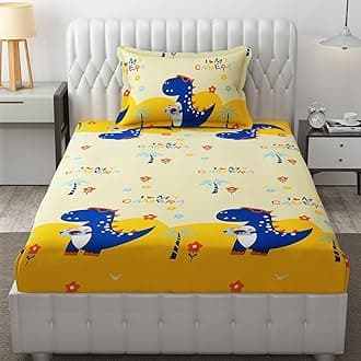 FRESH FROM LOOM Glace Cotton Wrinkle Free Soft Hypoallergenic Bed Sheet | Cartoon Printed | Single Size Bedsheet for Kids Room with 1 Pillow Covers, Boys Girls (60x90 Inches/Dino), Multicolor, 144 TC