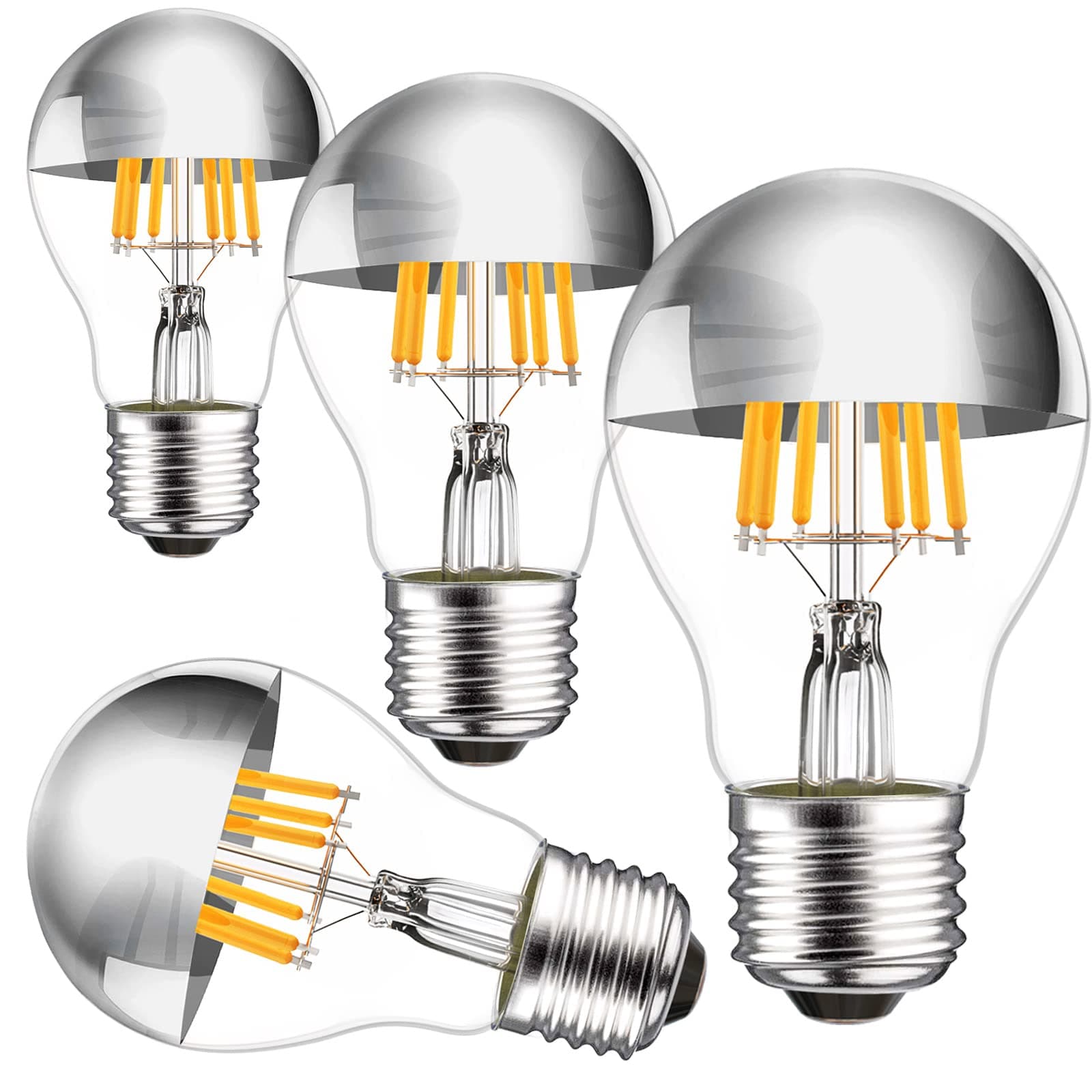 - Half Chrome Light Bulb 6W (60 Watt Equivalent), Dimmable A19 A Shape 2700K Warm White Decorative LED Edison Bulb, Silver Tipped Light Bulbs E26 Base Pack of 4