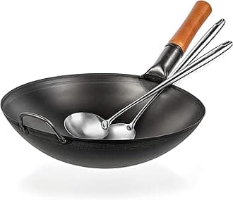 YOSUKATA 14" Carbon Steel Wok Pan Set - Pre-Seasoned, 17" Wok Spatula & Ladle - Heat-Resistant, Dishwasher Safe