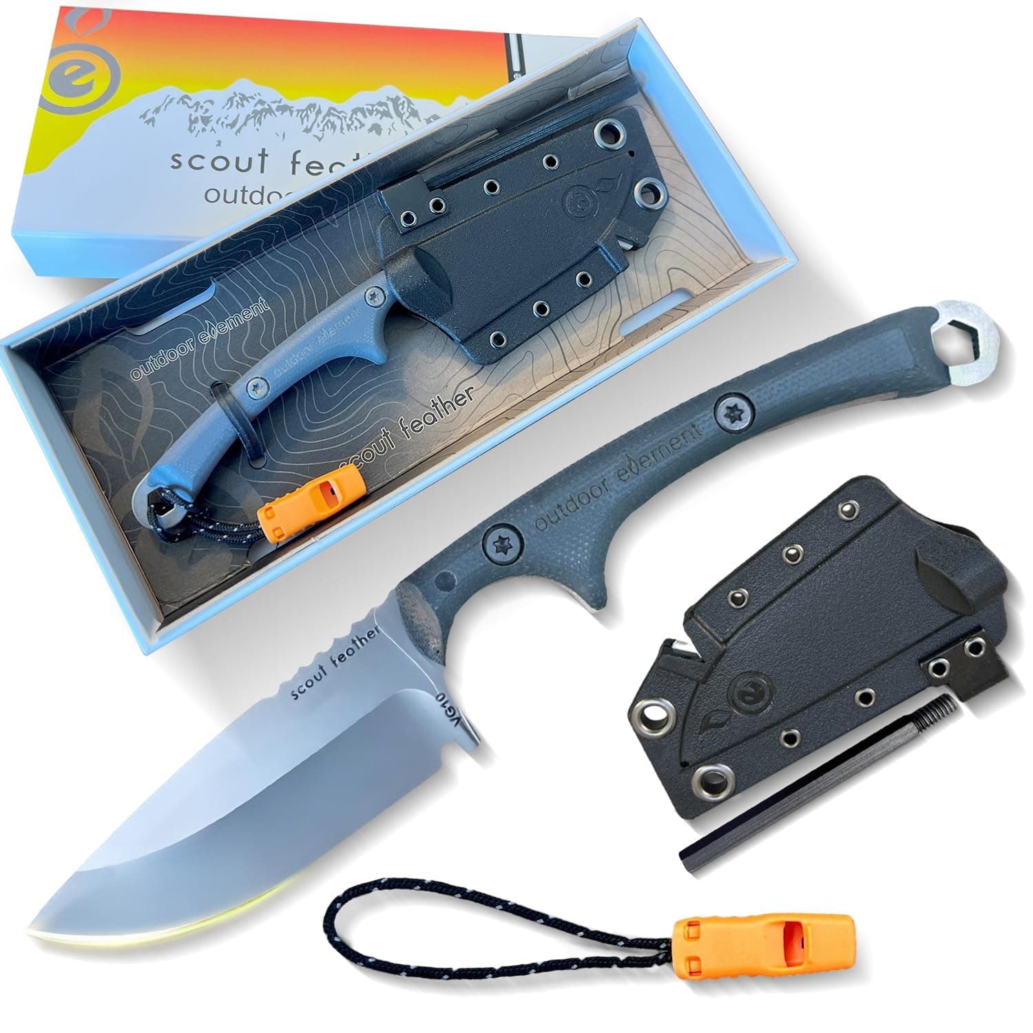 Scout Feather - Fixed Blade Survival Knife with built-in Firestarter for Camping, Hunting, Outdoor Adventure and Culinary Needs - VG10 Blade, Whistle, Knife Sharpener, Compact Sheath & G10 Handle