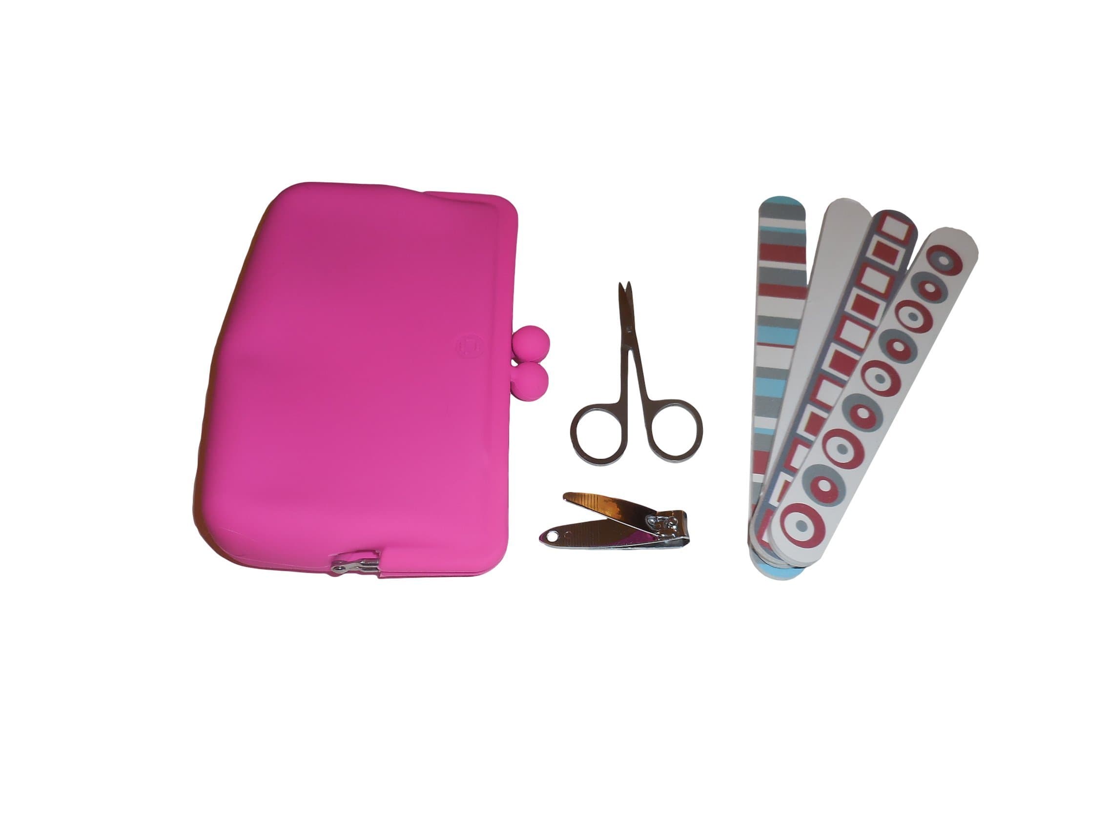 Candy Store Silicone Cosmetic Pouch with Mini-Manicure Starter Bundle - 4 pieces - Silicon Pouch, Cuticle Scissor, Nail Clipper, Emery Boards for Purse or Travel, Home or Car