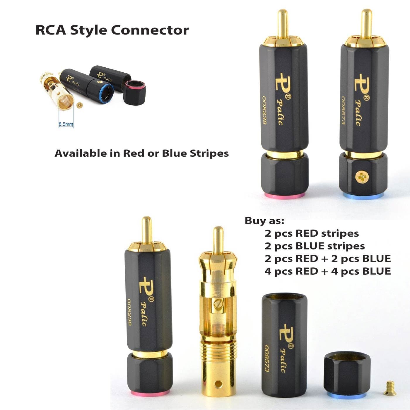 4 pcs RCA Cable Audio CONNECTORS - PALIC - Brass + Copper - 2 red + 2 Blue