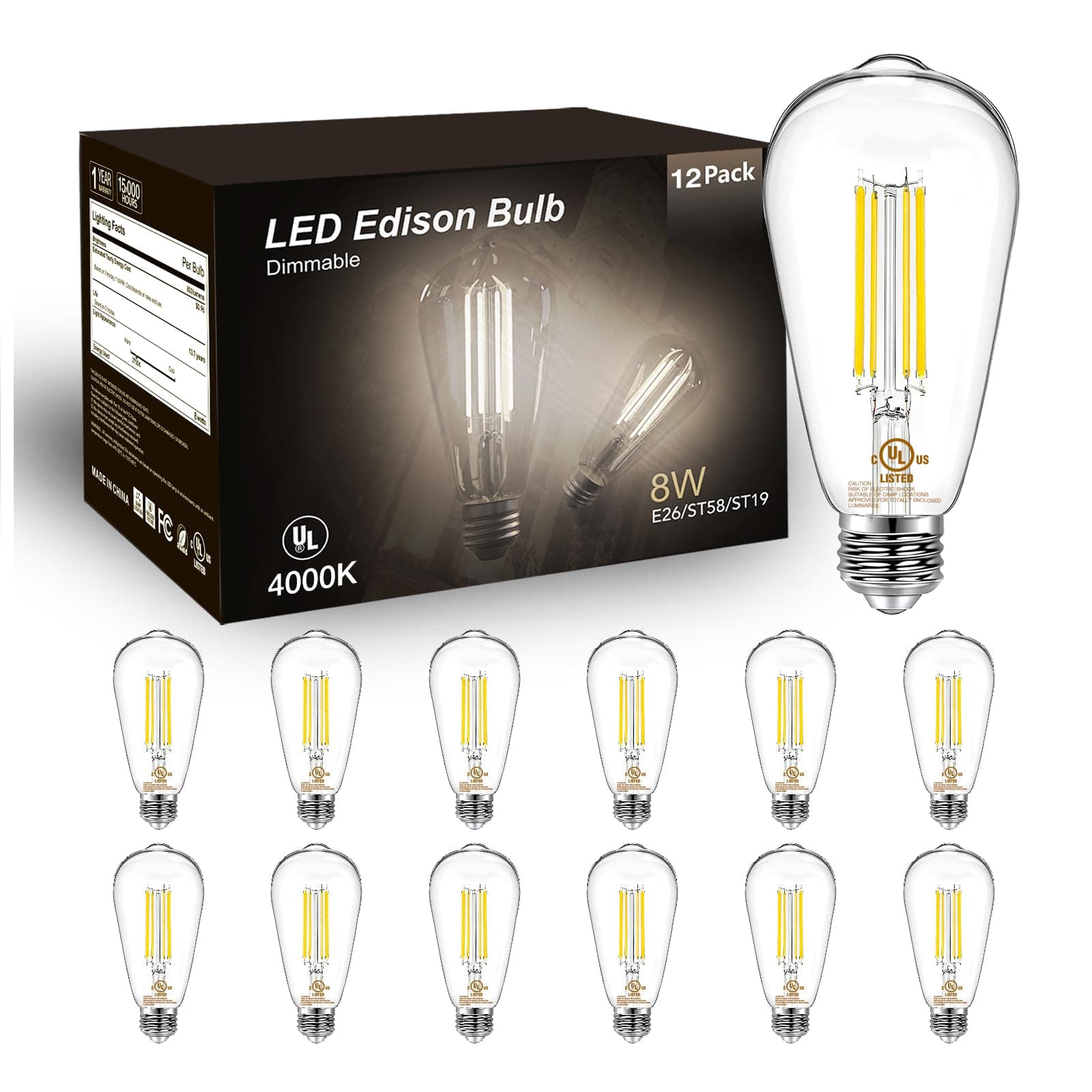 12 Pack Vintage LED Edison Bulbs, E26 Led Bulb 60W Equivalent, Dimmable Led Light Bulbs, High Brightness 800 LM Neutral White 4000K, ST58 Antique Filament Bulbs, Clear Glass Style for Home