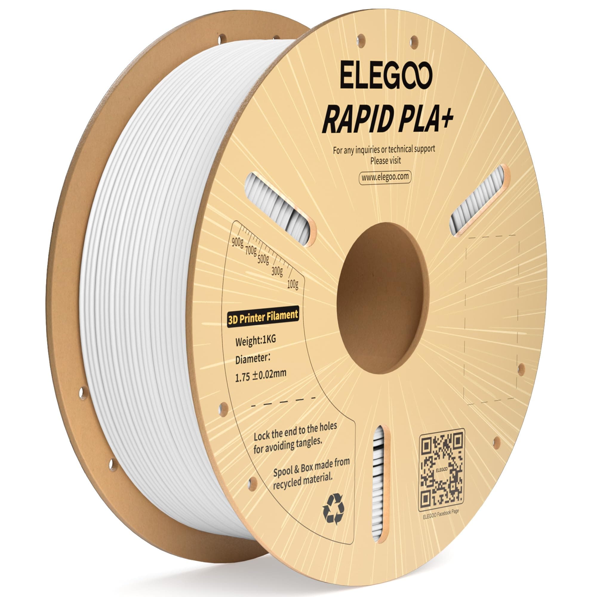 ELEGOO Rapid PLA Plus Filament 1.75mm White 1KG, PLA+ 3D Printer Filament Up to 600 mm/s High Speed Printing, Dimensional Accuracy +/- 0.02 mm, 1kg Cardboard Spool(2.2lbs)