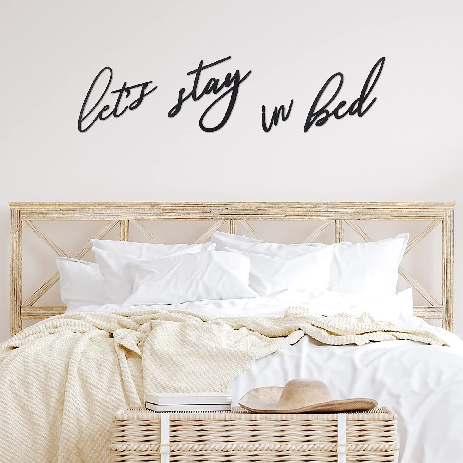 4 Pieces Let's Stay in Bed Wall Decor Rustic Bedroom Decoration Black 3D Wooden Letters Handmade Wood Summer Decor Love Quote Home Sign for Home Bedroom Apartment Office Hotel
