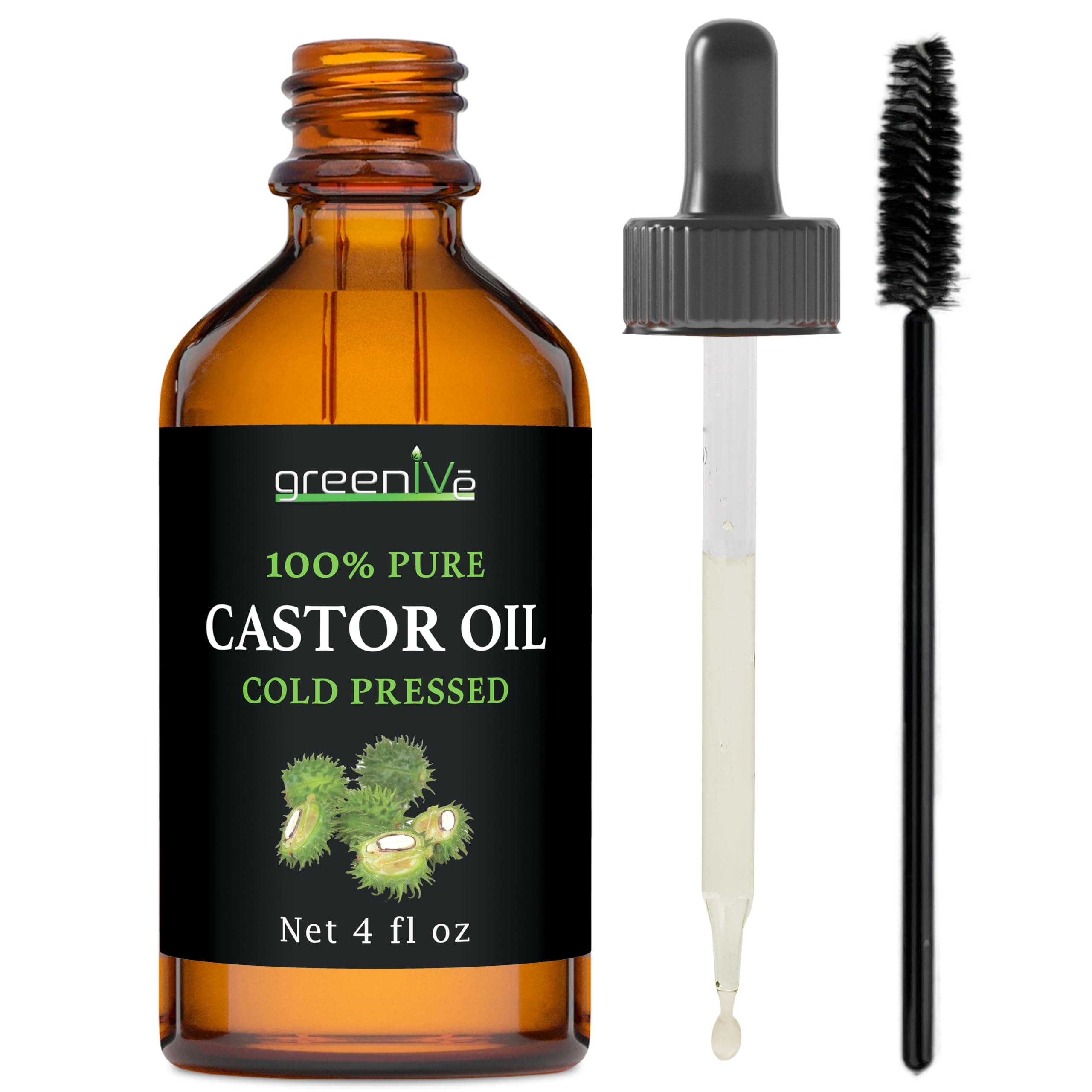 GreenIVe 100% Pure Castor Oil – Cold-Pressed, Hexane-Free – Hair, Eyebrows, Eyelashes, Skin Moisturizer, Castor Pack Wrap Oil Glass Bottle (4 Fl oz)