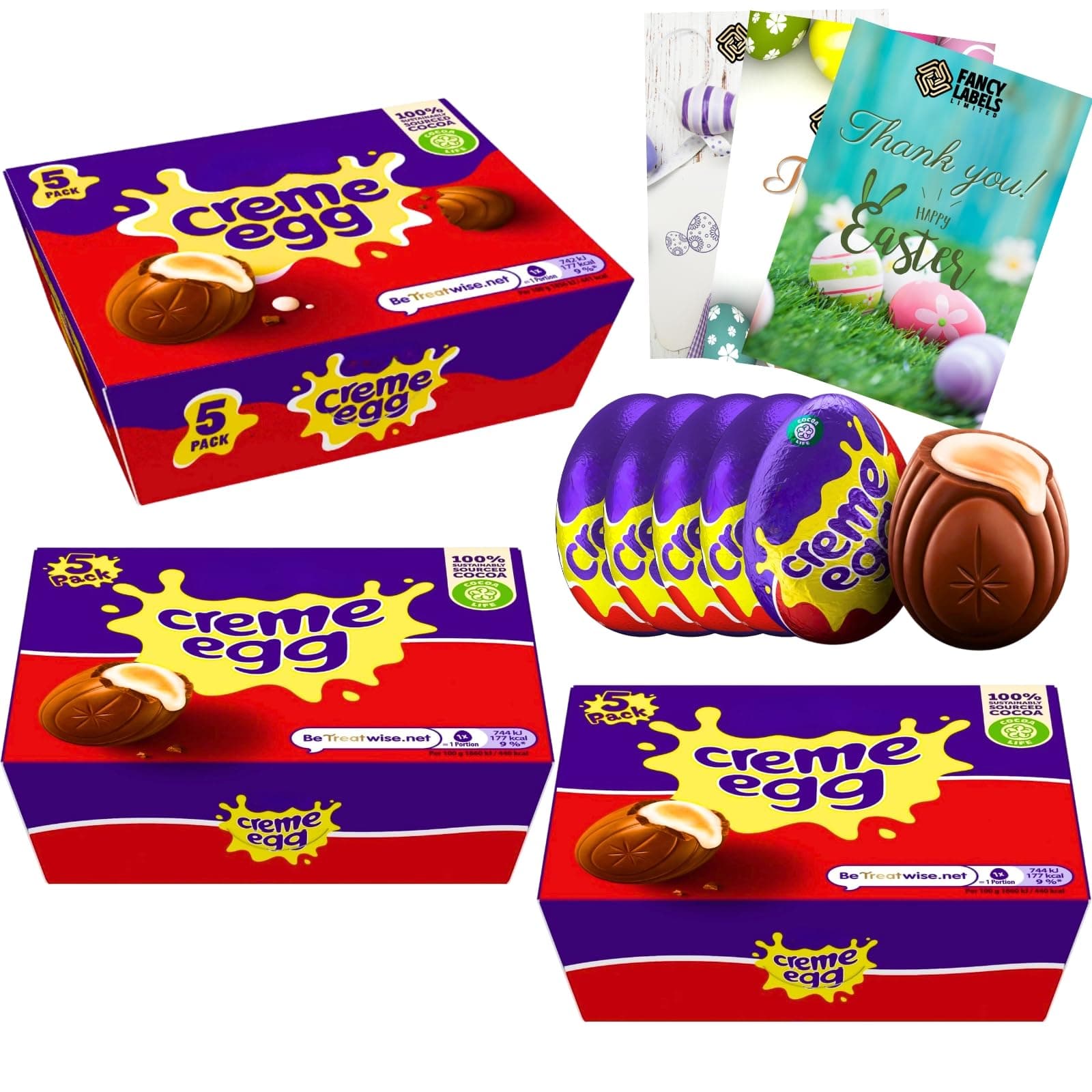 Creme Egg Multipack With 3 Boxes of Creme Eggs Chocolate 5 Pack 200g and 1 Fancy Labels Easter Card | Chocolate Easter Eggs Gifts for Women, Men and Kids Egg Hunt