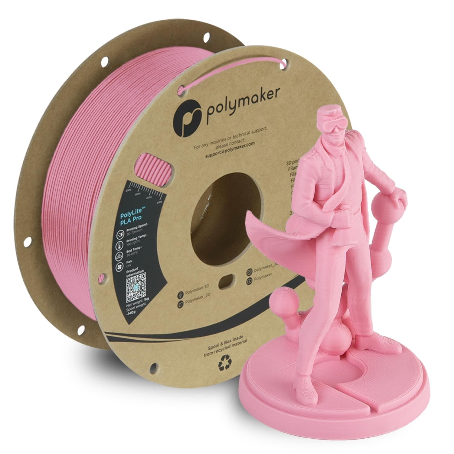 PolyLite PLA PRO 3D Printer Filament - Tough & High Rigidity Pink PLA, 1.75mm, 1kg on Cardboard Spool - Compatible with Most 3D Printers