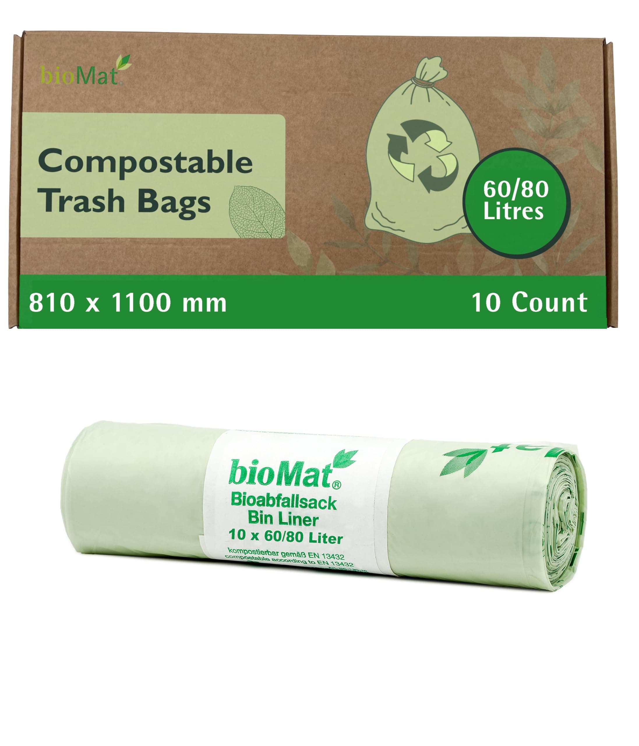 bioMat Compostable Wheelie Bin Liners, 10 Refuse Sacks, 80 litre, EN 13432 Certified Compostable Food Waste Bags, for Organic Waste, Household Waste