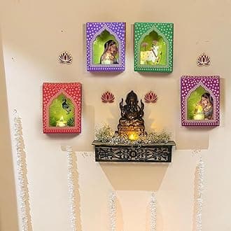 LED Candle with 4 Jharakho Diya Set Diwali Decoration Items, Home Decor Items, Tealight Candle Wall Hanging Festive Decor Item, DIY Craft Traditional Jharokha Box Hanging Box