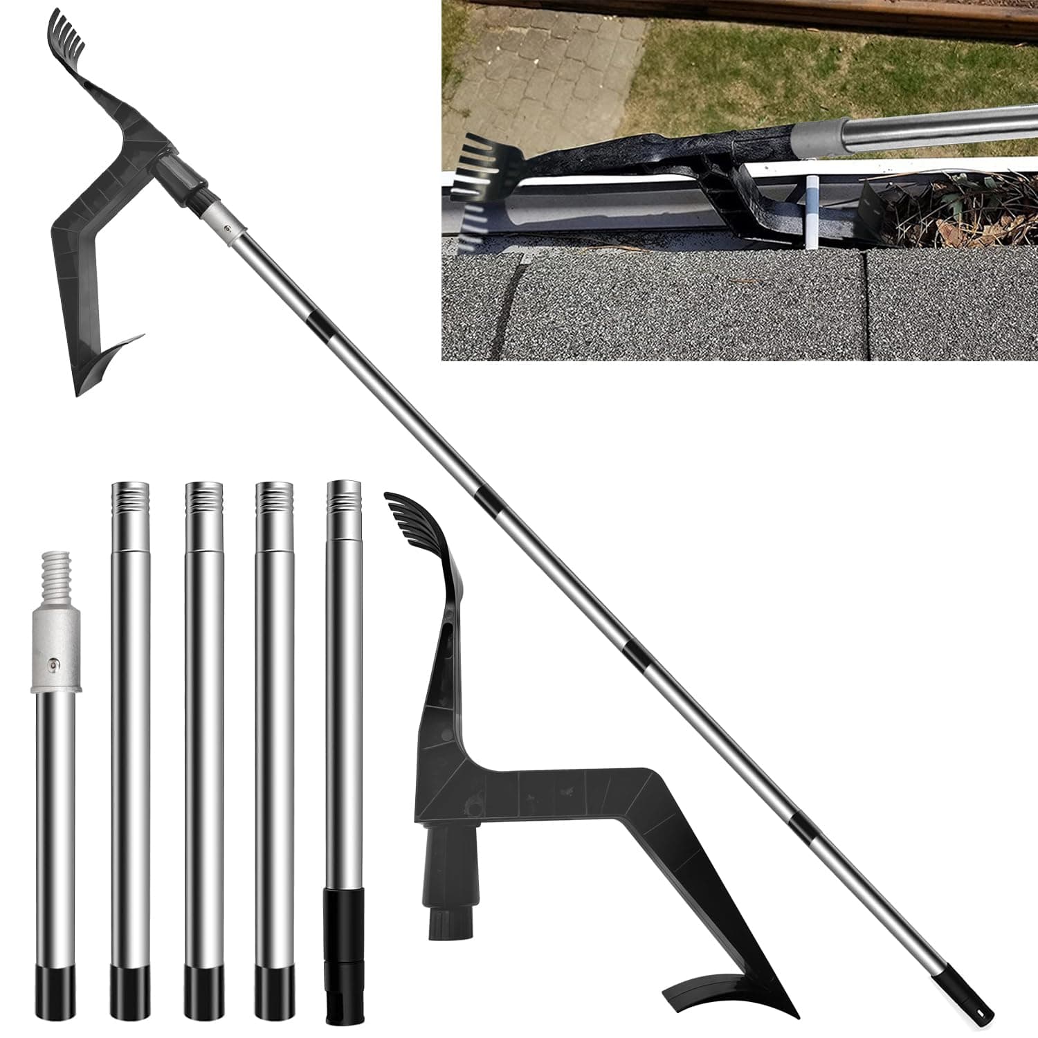 Gutter Cleaning Tool,Roof Gutter Cleaner with 78.7” Telescopic Extendable Pole,Gutter Cleaning Spoon,Detachable Guttering Cleaner, Gutter Cleaning Scraper for Cleaning Leaves and Debris