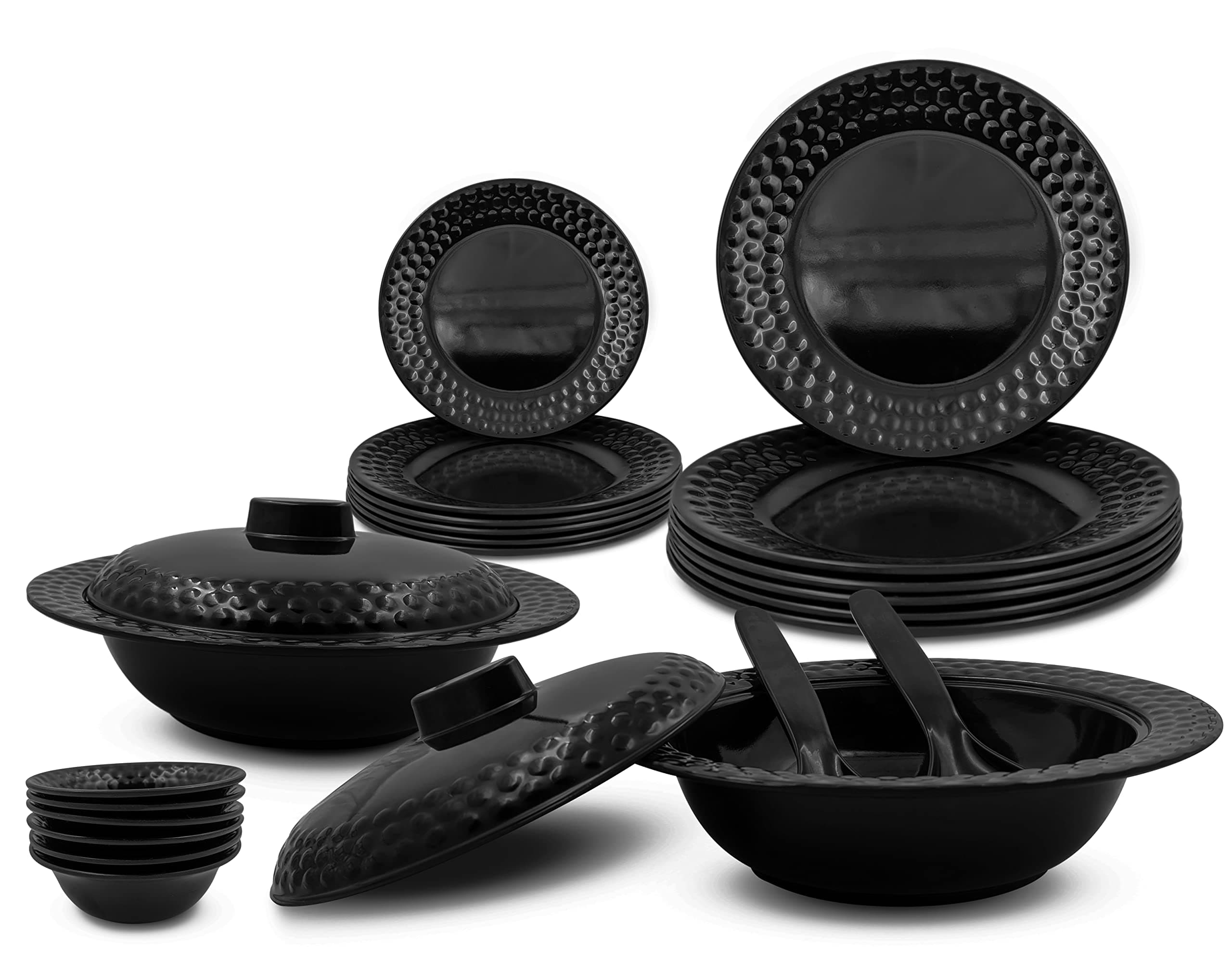 Konvio Kitchen Black Melamine Unbreakable Dinner Set Collection Plates Bowl and Spoons (22 Pieces, Rich Black)