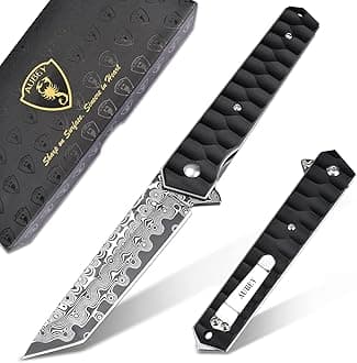 AUBEY Damascus Pocket Knife with Clip, Tanto Blade Damascus Steel Folding Knives for Men Tactical, Aluminum Handle with Glass Breaker for EDC Camping Gift