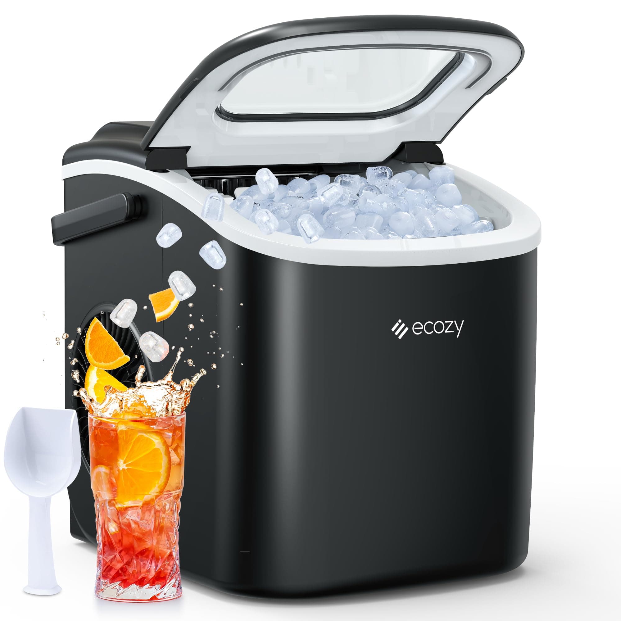 ecozy Ice Makers Countertop, Portable Ice Machine with Carry Handle, 26lbs in 24Hrs, 9 Ice Cubes Ready in 6 Mins, Auto-Cleaning Ice Maker with Basket and Scoop, for Home/Kitchen/Camping/RV