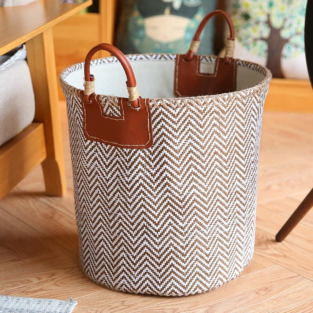 Woven Storage Basket, 15" x 14.2" Organization Bin with Leather Handle for Towel, Laundry, Magzine, Gift Basket (15" x 14.2", Chevron Brown)