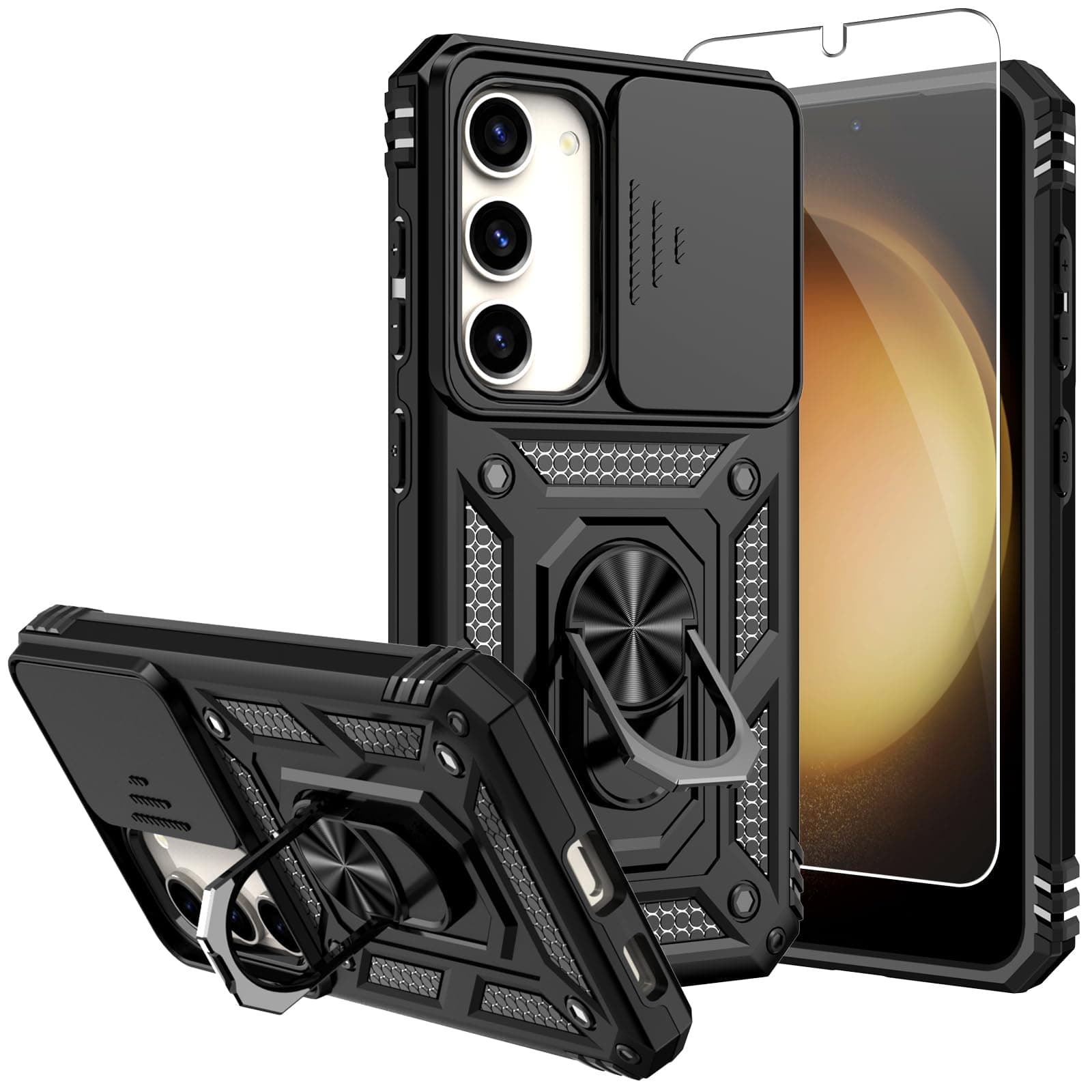for Galaxy S23 Case,Samsung Galaxy S23 Case,with Screen Protectors and Camera Cover,[Military Grade] 16ft.Drop Tested Cover with Magnetic Kickstand Protective Case for S23 6.1 inch, Black
