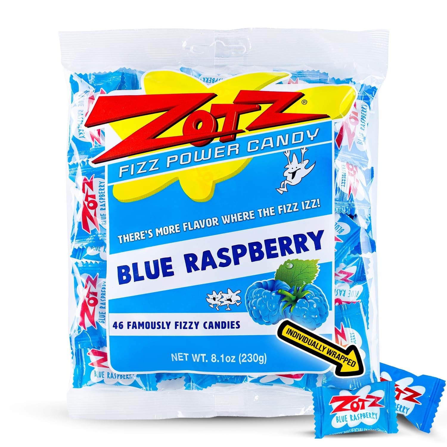 Zotz Fizzy Old Fashioned Hard Candy Fruit Flavored Blue Raspberry Candy, Individually Wrapped Hard Candy, From Italy Since 1970 (Bag 46 Units)