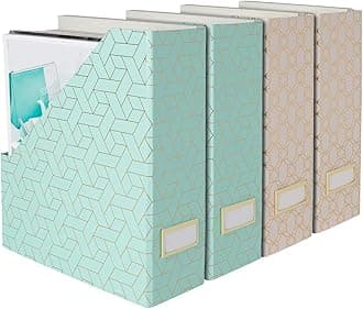 Set of 4 Foldable Pink & Aqua Magazine File Holders with Gold Geometric Patterns | Vertical File Organizer Boxes with Gold Label Holders for Home & Office