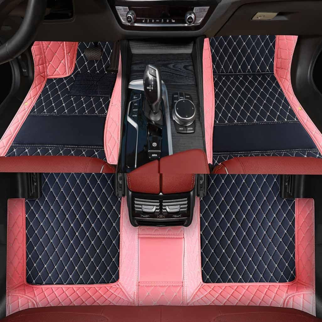 Custom Personalized Floor Mats ，Luxury Full Coverage All Weather Car Floor Mats，Anti-Slip Leather Car Mat Set ，Custom Floor Mat， for 99% of Cars, Trucks & SUV. (Black+Pink)