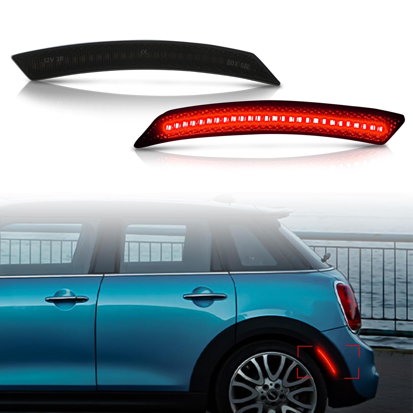 Bestview Side Marker Light Assembly Compatible for MINI Cooper R55 R56 R57 R58 R59 R60 R61 2007-2015, Red Rear Fender Bumper Lamps, Smoked Lens 2PCS