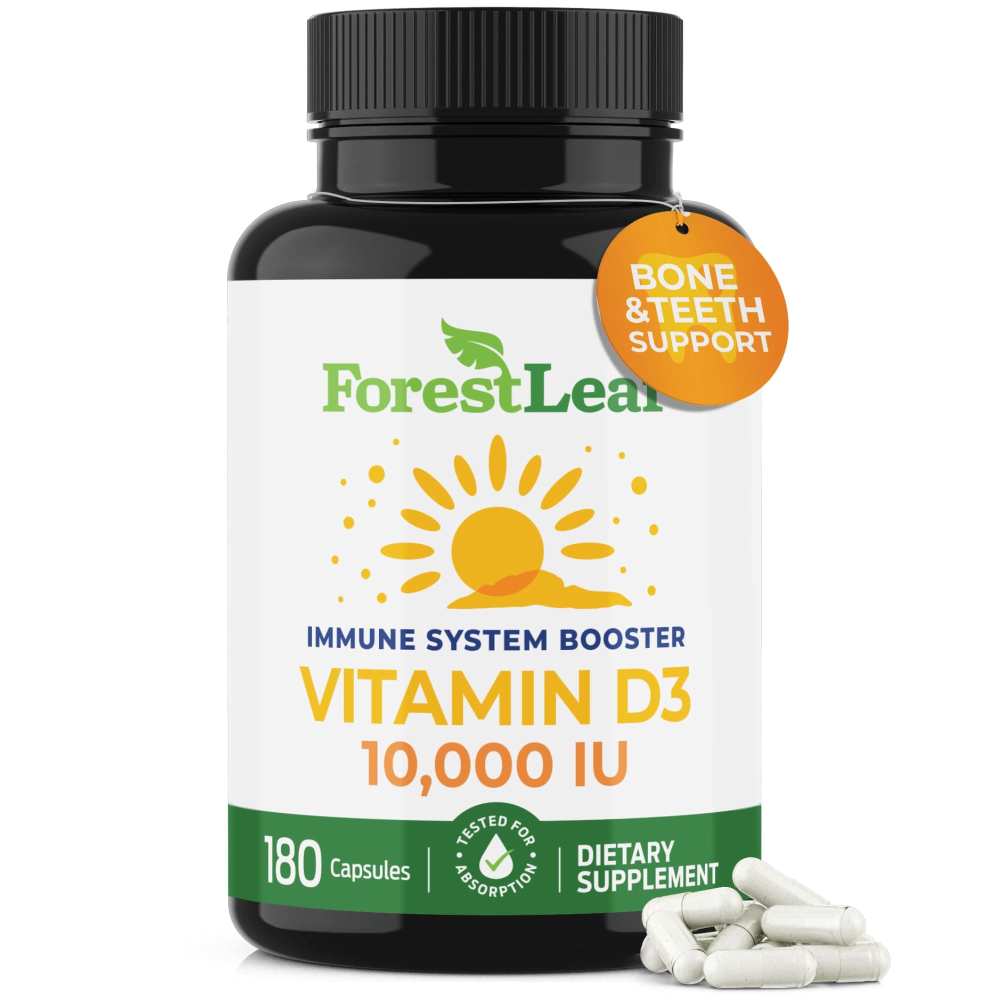 ForestLeaf Vitamin D3 10,000 IU | VIT D - VIT D3 Vitamin D Supplements for Women and Men | Bone Health, Teeth and Immune Support | Easy to Swallow Pills | High Potency Daily, 6-Month Supply, 180 Caps