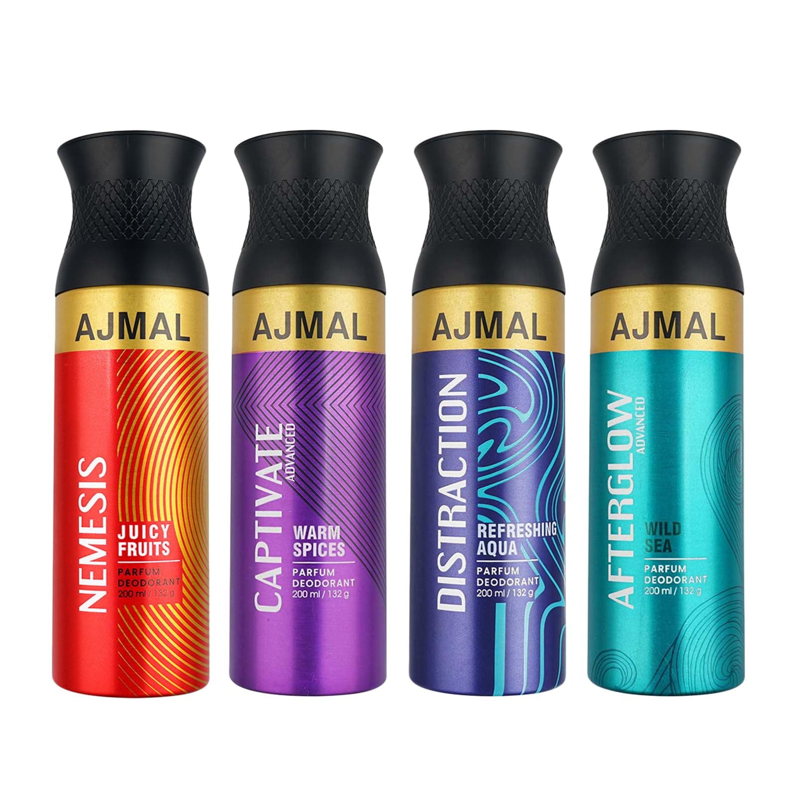 Ajmal Nemesis, Captivate Advanced, Distraction, and Afterglow Advanced Deodorant Perfume 200ML Each - Unisex Pack of 4