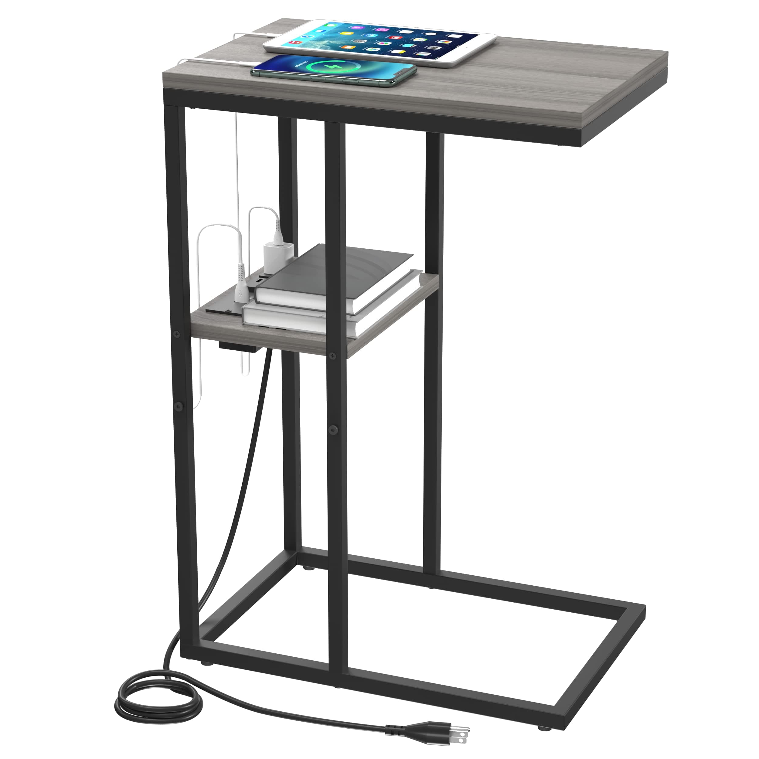 C Shaped End Table with Charging Station, Small Side Table for Living Room, Bedroom, Sofa with USB Ports and Outlets for Small Spaces, C Couch Rustic Snack Bed Side Table
