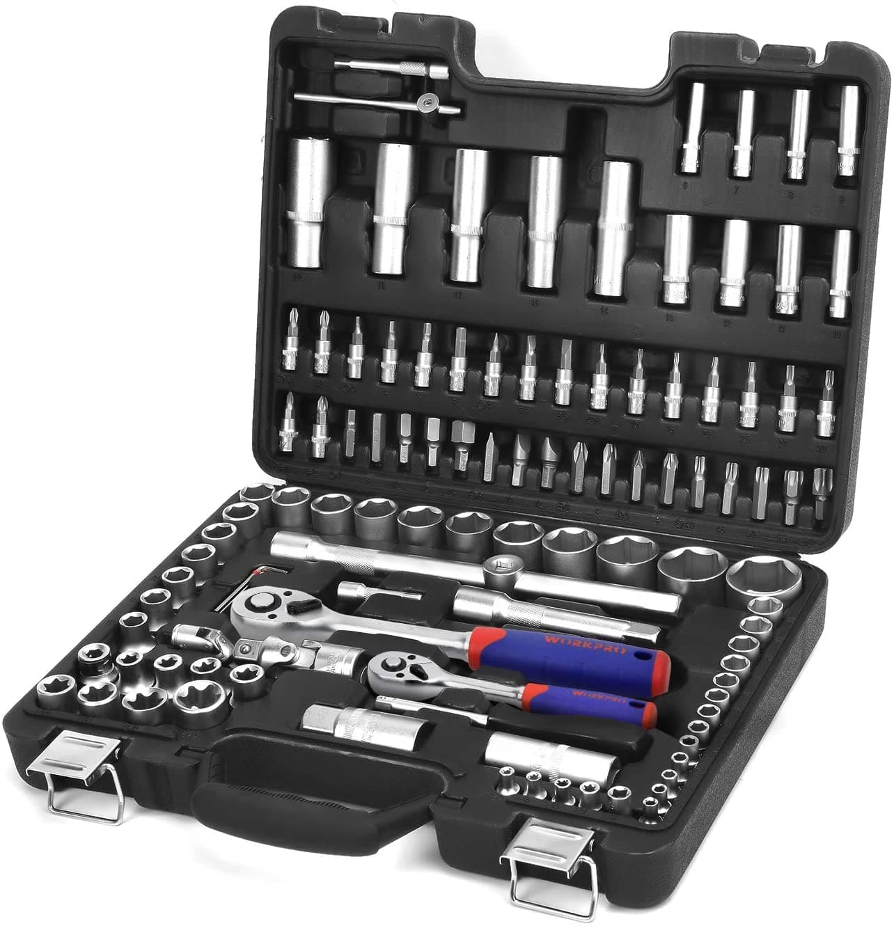 WORKPRO 108-Piece 1/4"&1/2" Drive Socket Set with Bits, Quick Release Ratchet Wrench - CR-V Mechanic Tool Set for DIY, Car Repair