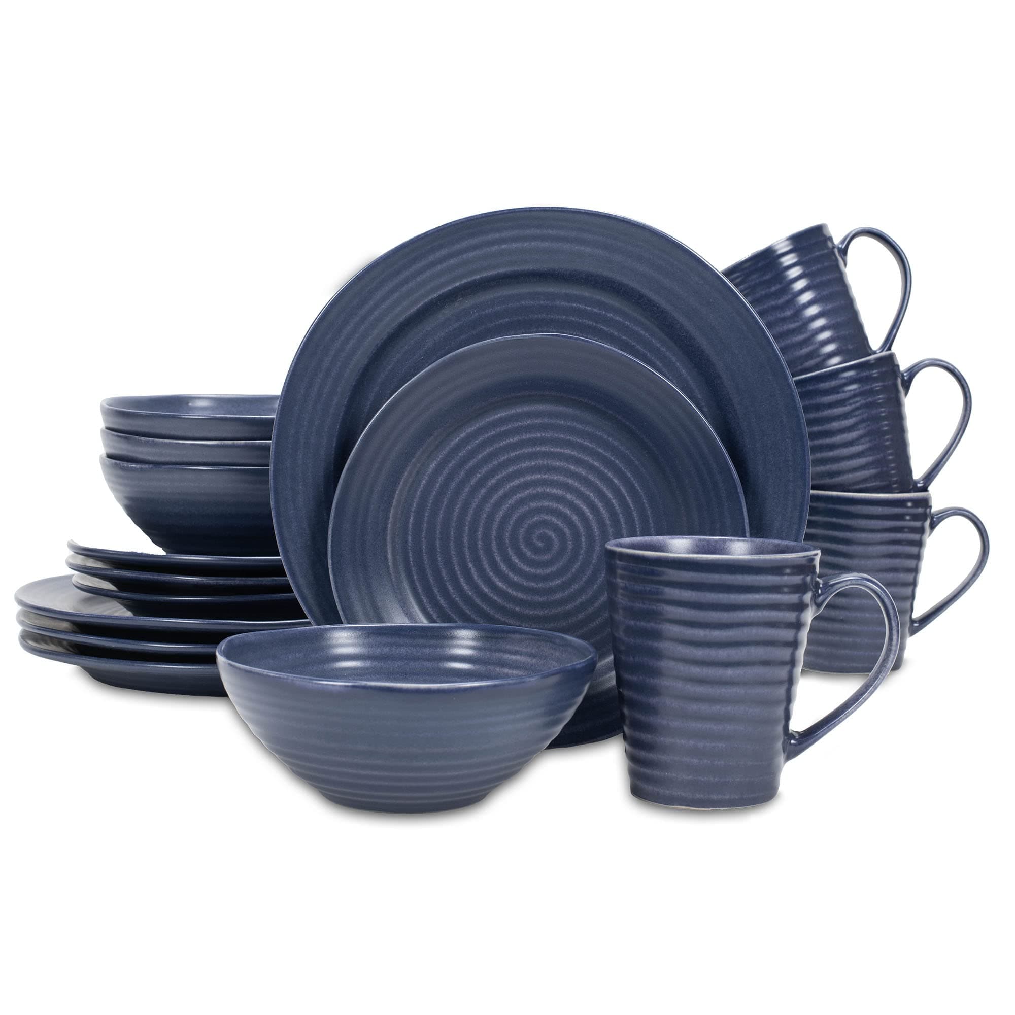Elanze Designs Charming Chic Ribbed Modern Thrown Pottery Look Ceramic Stoneware Plate Platter Mug & Bowl Kitchen Dish Dinnerware 16 Piece Set - Service for 4, Navy Royal Blue