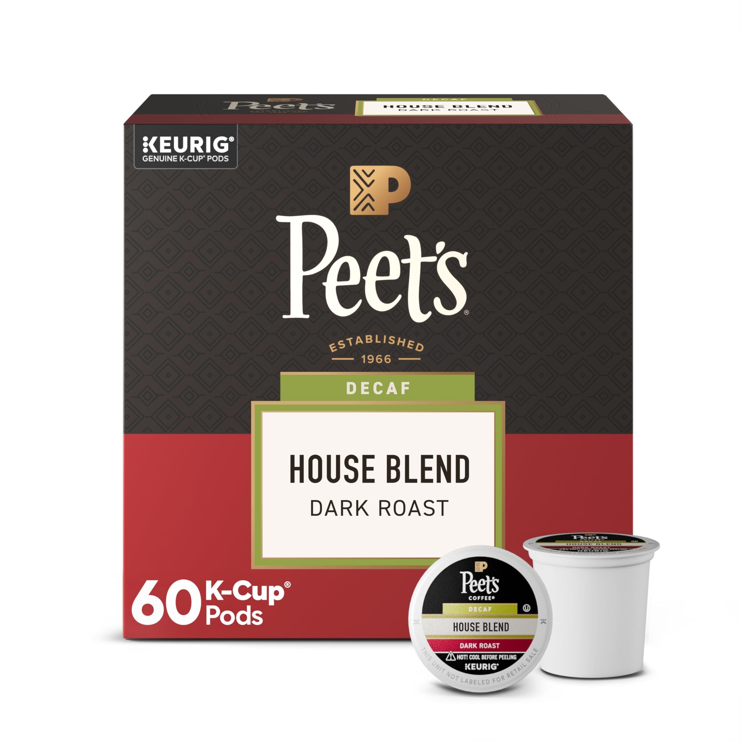 Peet's Coffee, Dark Roast Decaf Keurig K-Cup Pods, Decaffeinated Arabica Coffee - Decaf House Blend 60 Count (6 Boxes of 10 K-Cup Pods)
