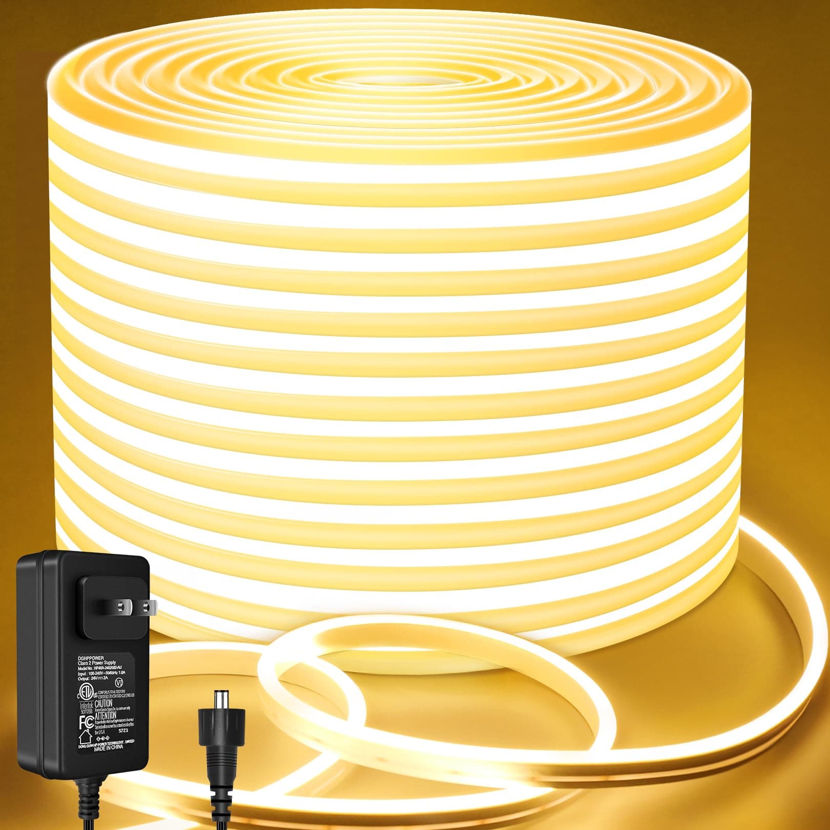 Neon LED Rope Light 32.8Ft, Warm White LED Strip Lights 1.96in/Cut, 3000K Waterproof Flexible Silicone 24V Led Strip for DIY Neon Sign Bedroom Indoor Outdoor Decor（Power Adapter Included）