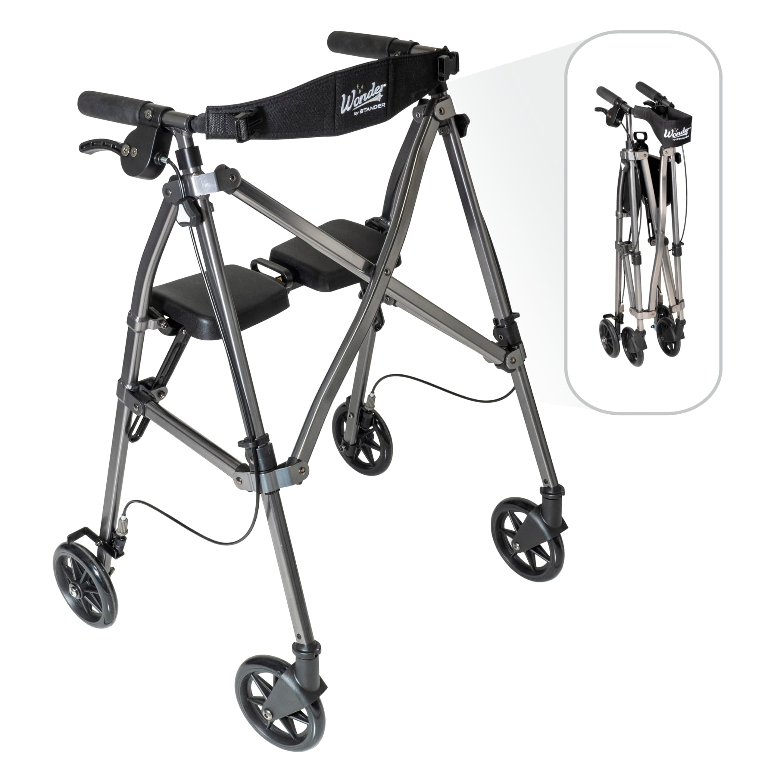 Stander Space Saver Rollator, Lightweight Folding Rolling Walker with Seat for Seniors & Adults, 4-Wheel Mobility Aid with 6-inch Wheels, Locking Brakes & Padded Seat with Backrest, Black Walnut