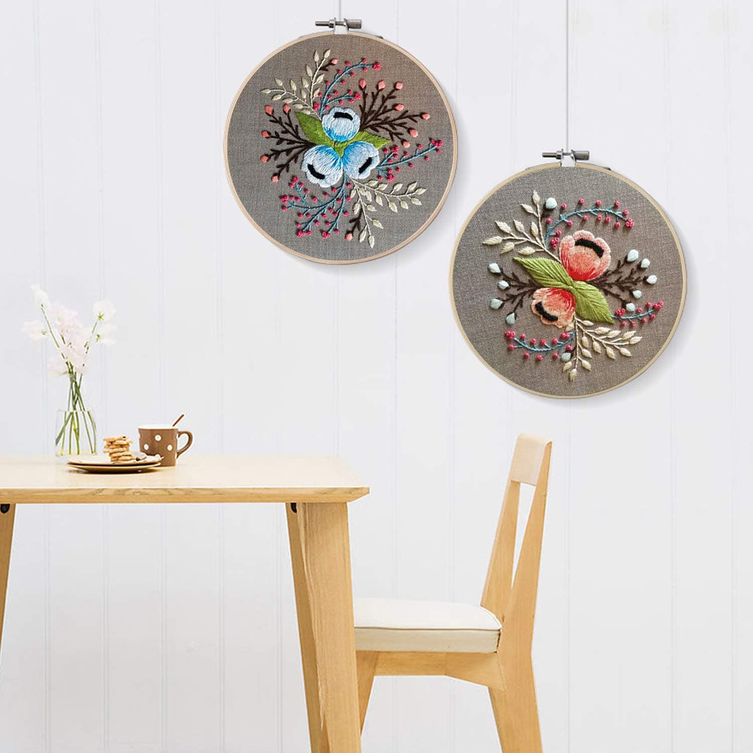 2 Pack Embroidery Starter Kit with Pattern, Stamped Embroidery Kit Including Embroidery Cloth with Pattern, Bamboo Embroidery Hoop, Color Threads Needle Kit