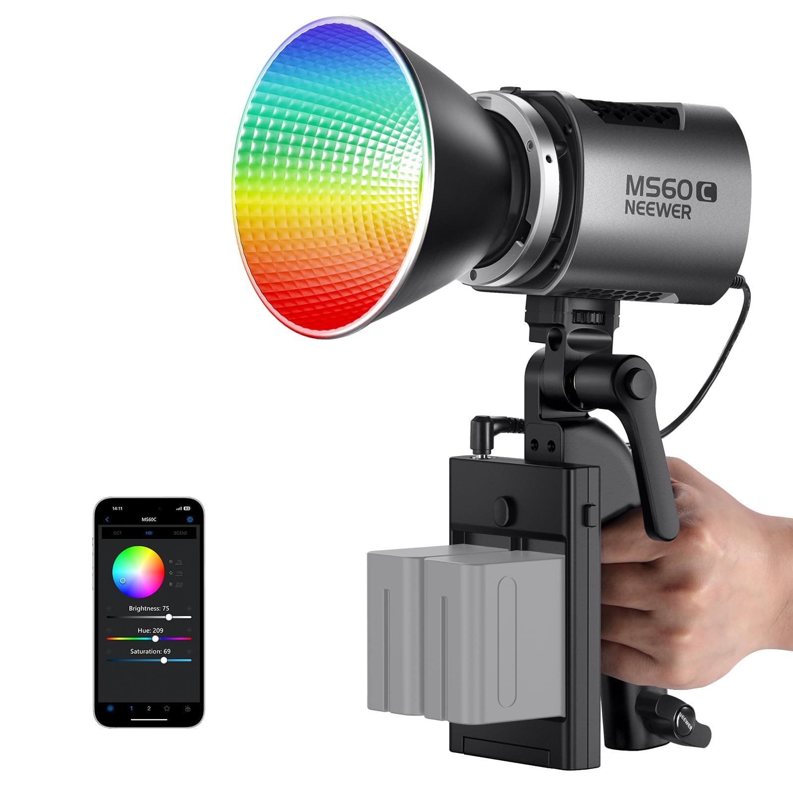MS60C RGBWW LED Video Light with 2.4G/APP Control, 65W Metal Mini RGB COB Continuous Output Lighting Bowens Mount Handheld Spotlight 2700K-6500K,8300lux/1m, CRI 97+/TLCI 98+,17 Effects + RGBCW