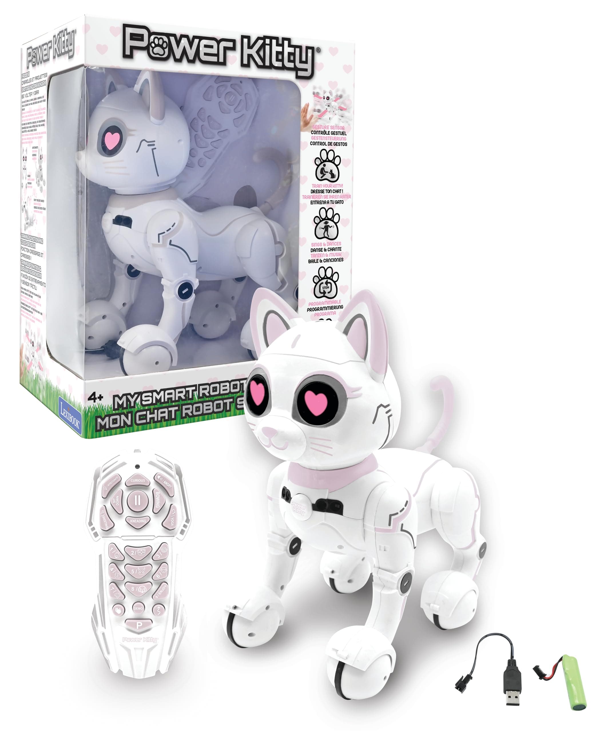 Lexibook - Power Kitty® - Remote Control Robot Cat, Programmable Smart Robot, Light, Sound, White/Pink - KITTY01