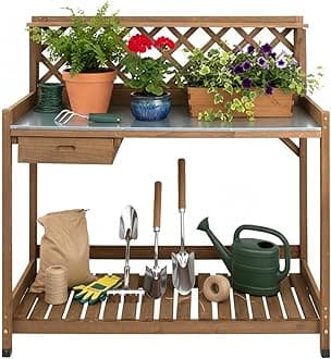 Garden Potting Bench with Metal Tabletop,Outdoor Potting Table Workstation Benches with Drawer/Storage Shelf，Fir Wood Potting Station Work Table with Open Shelf,Lattice Back (Brown)