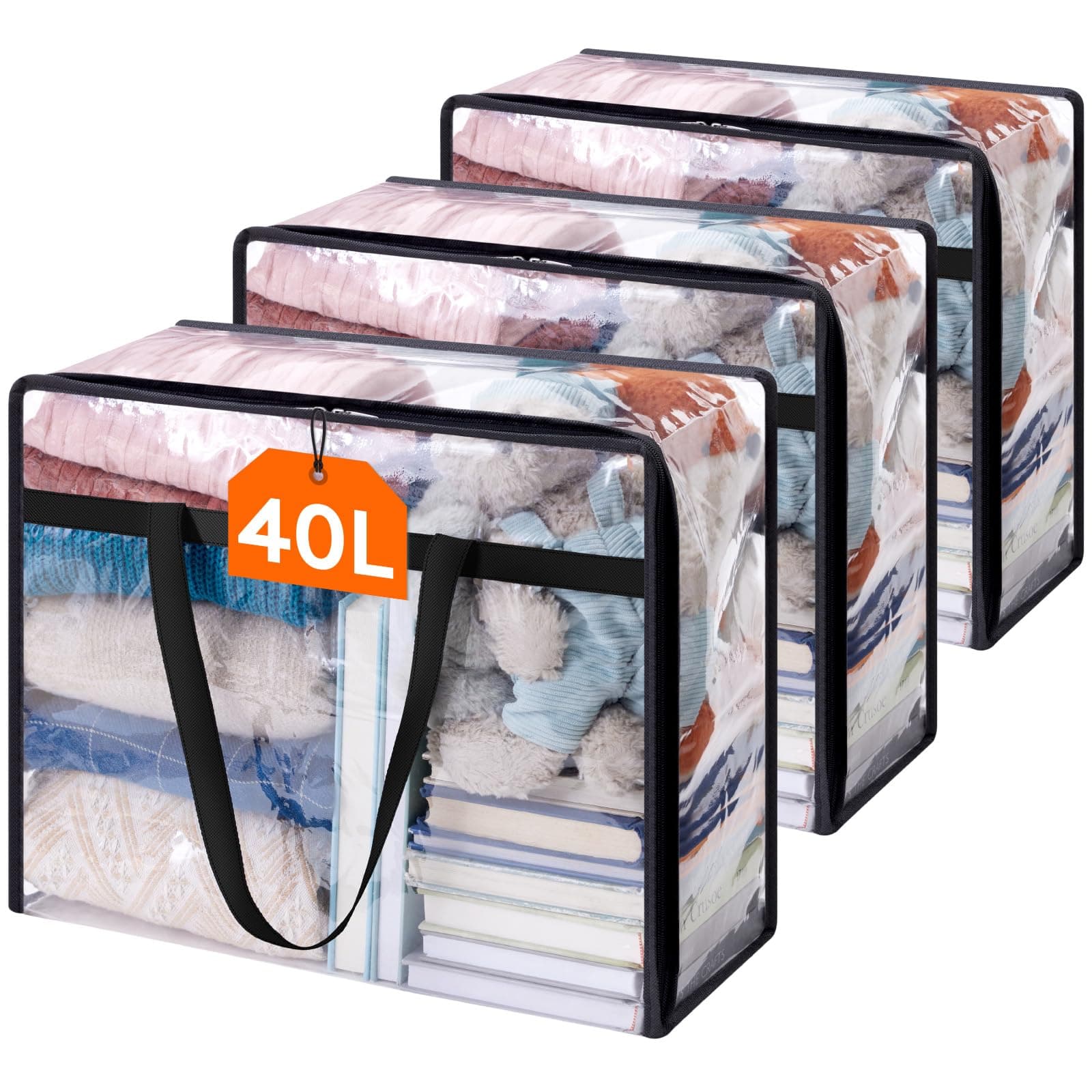 Lifewit 3 Pack Clear Plastic Storage Bags, 40L Foldable Clothes Storage Boxes Wardrobe Storage Organizer Moving Bags with Reinforced Handle for Loft Wardrobe for Bedding Clothes Blanket Duvet