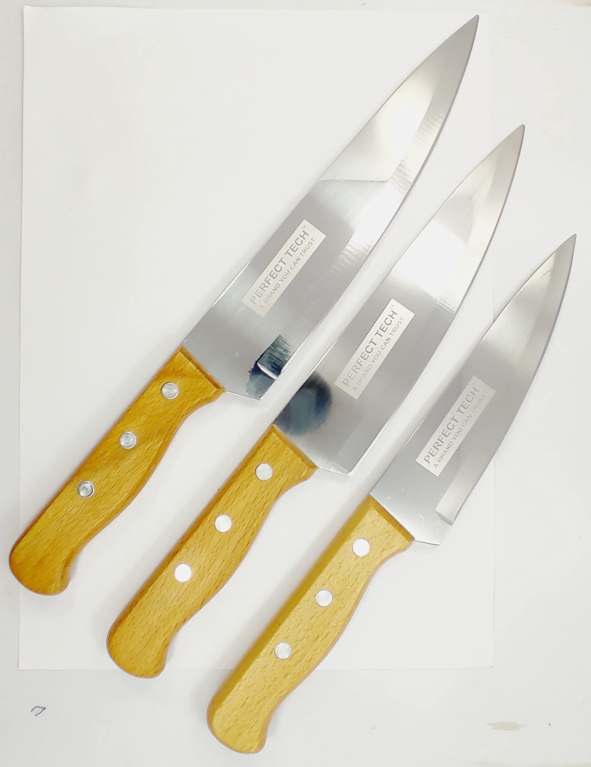 PERFECT TECH 3 Pcs Kitchen Knife Set | Wooden Handle and Mirror Finishing SS Blade | Carbon Stainless Steel | Sharp Blade Cutting and Chopping Vegetable | Rust Proof Durable Stylish (Silver 6 inch)