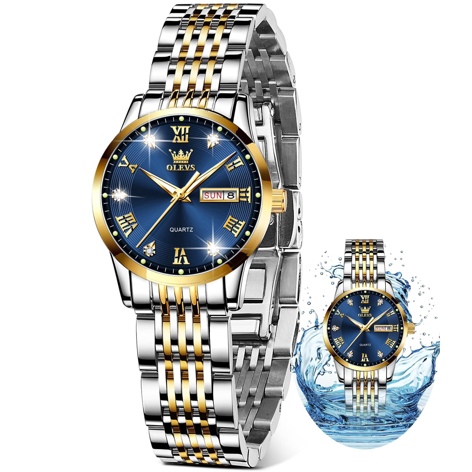 Luxury Ladies Watches,Women's Watch with Day and Date,Female Watch for Small Wrist,Gold Stainless Steel Watches for Women,Easy Read Ladies Wrist Watches Waterproof（Adjustable Strap