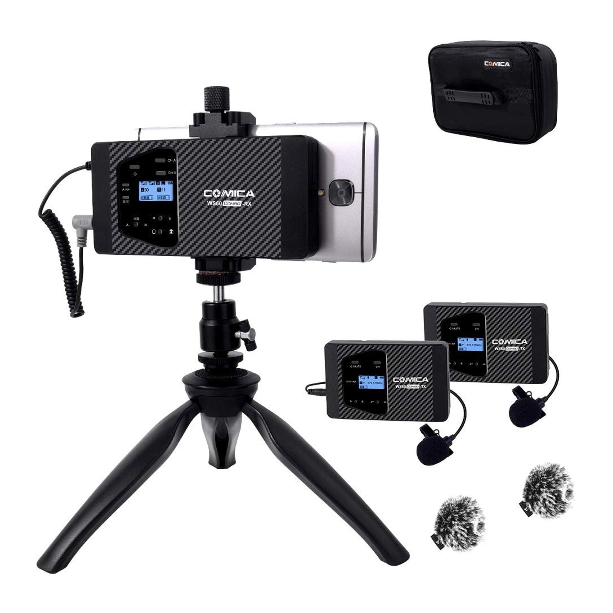 COMICA Wireless Smartphone Microphone, CVM-WS60 Combo 12-Channel Professional Handheld Microphone for iPhone Samsung Galaxy Pixel Android Phones, Cameras, Perfect for Interview Recording