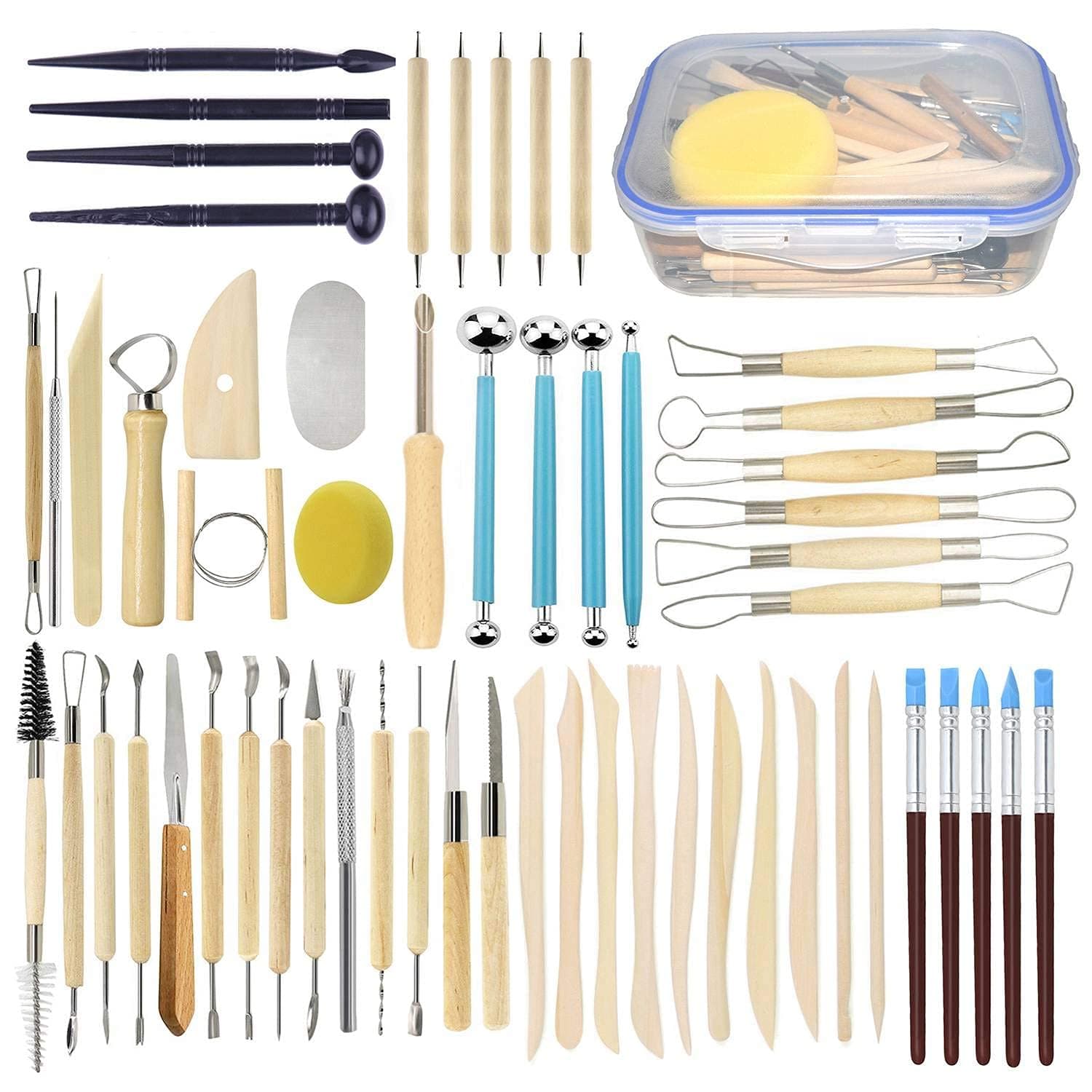 Augernis 57PCS Ceramic Clay Tools Set with Plastic Case Modeling Pottery Sculpting Tools Kits for Beginners Professionals Crafts Polymer Clay Club, Dotting, Ribbon Trimming